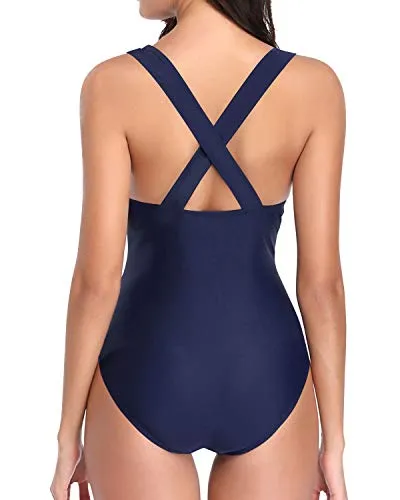 Alluring Deep V Neck Bathing Suit Monokini One Piece Swimsuits-Navy Blue