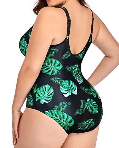 Athletic Ruched Tummy Control One Piece Swimwear-Black And Green Leaf