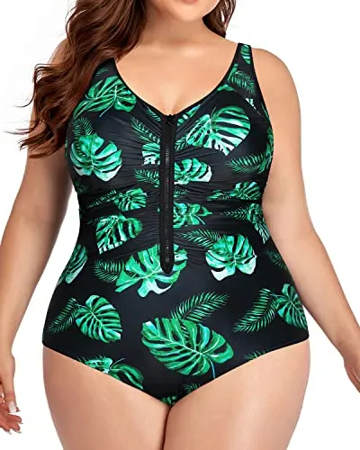 Athletic Ruched Tummy Control One Piece Swimwear-Black And Green Leaf