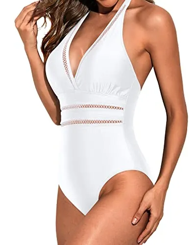 Backless Plunge V Neck Women One Piece Monokini Swimsuit-White