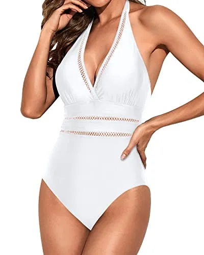 Backless Plunge V Neck Women One Piece Monokini Swimsuit-White