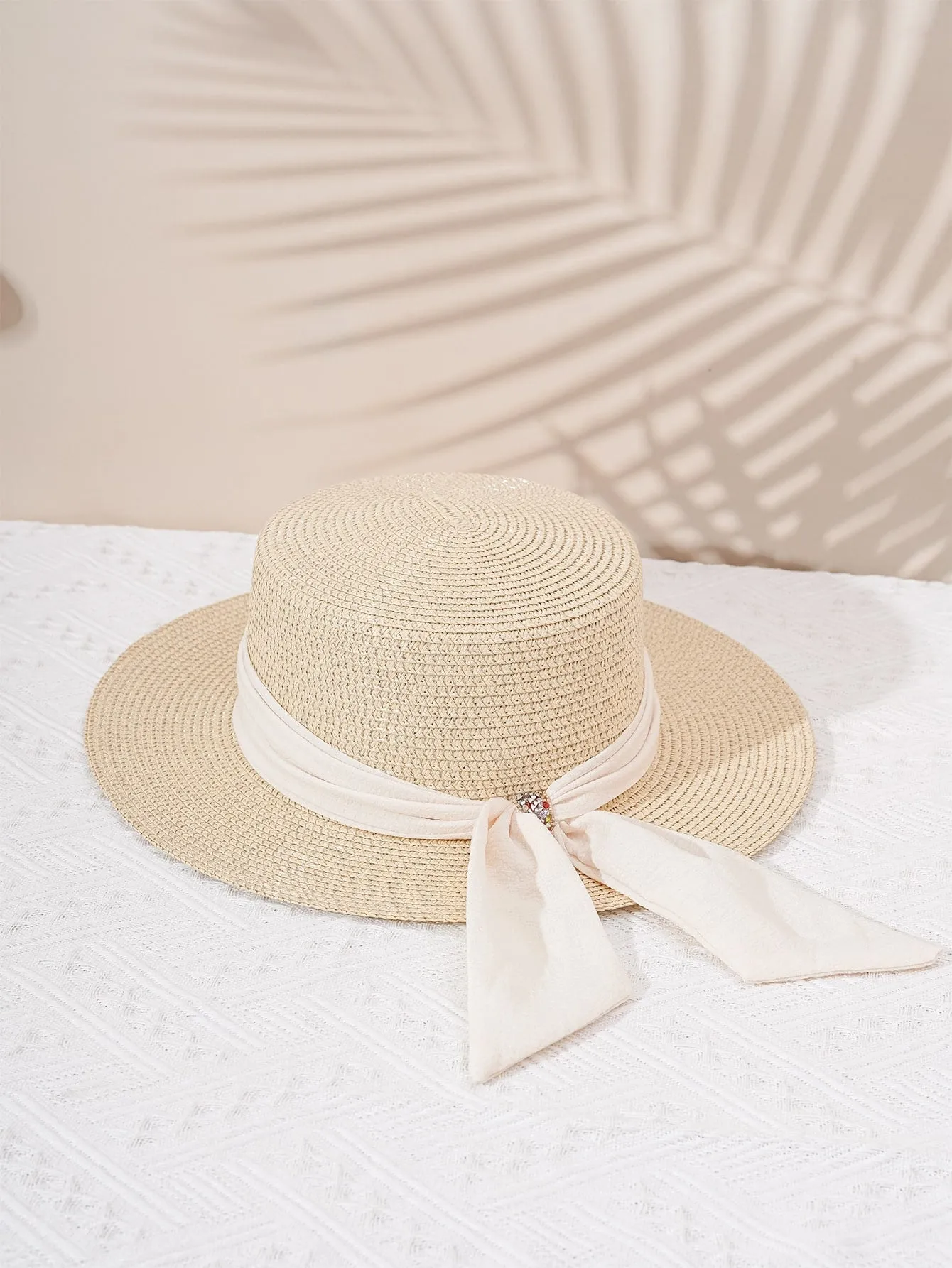 Boho 1pc Y2k Style Women's Diamond Buckle Straw Hat With Breathable Ribbon & Sun Protection Function, Suitable For Outdoor Beach Wear