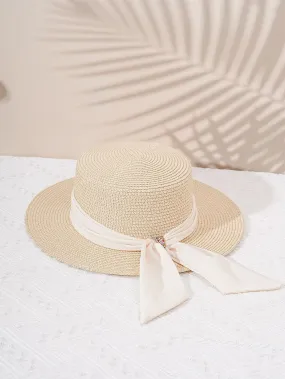 Boho 1pc Y2k Style Women's Diamond Buckle Straw Hat With Breathable Ribbon & Sun Protection Function, Suitable For Outdoor Beach Wear