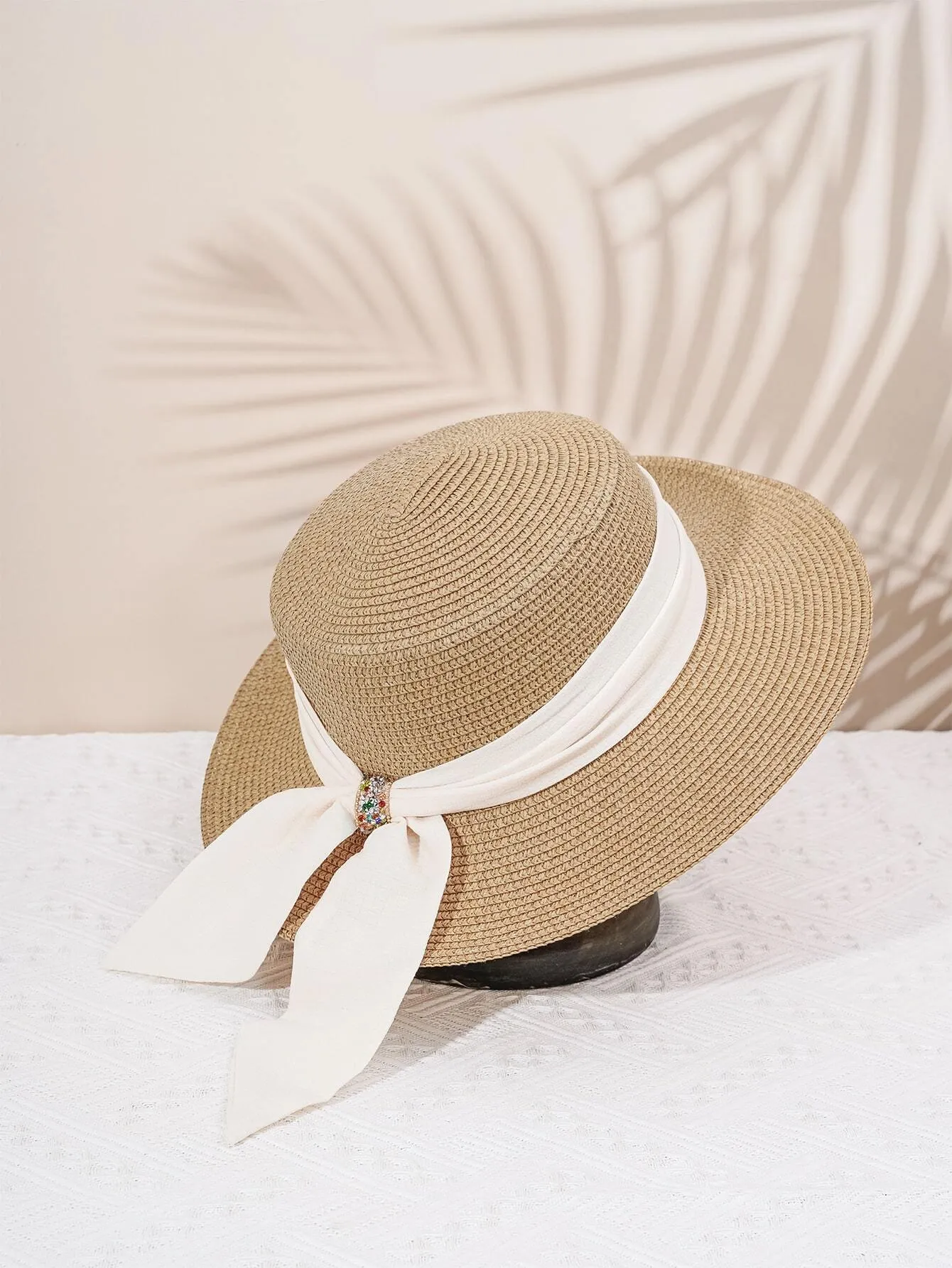 Boho 1pc Y2k Style Women's Diamond Buckle Straw Hat With Breathable Ribbon & Sun Protection Function, Suitable For Outdoor Beach Wear