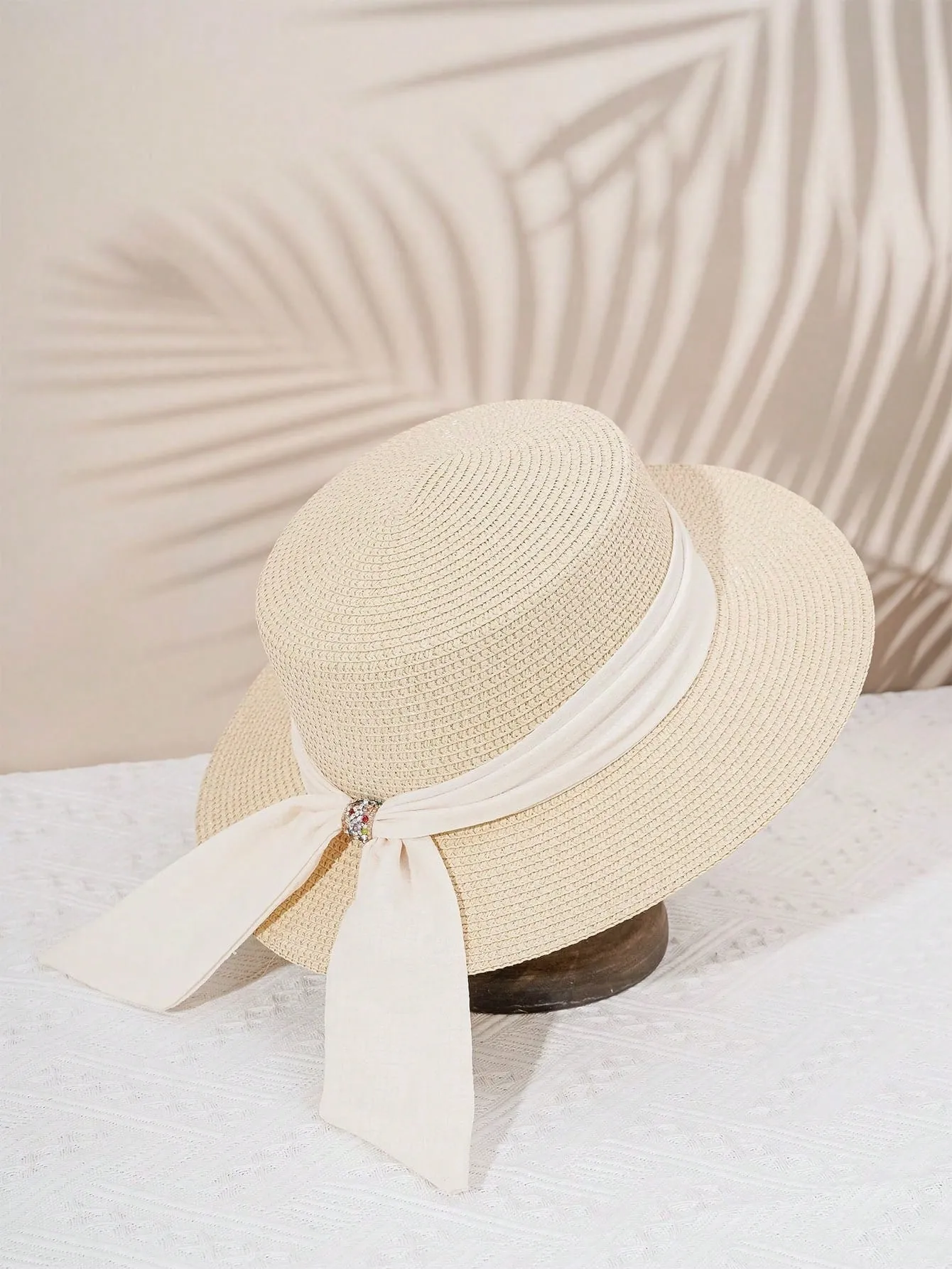 Boho 1pc Y2k Style Women's Diamond Buckle Straw Hat With Breathable Ribbon & Sun Protection Function, Suitable For Outdoor Beach Wear