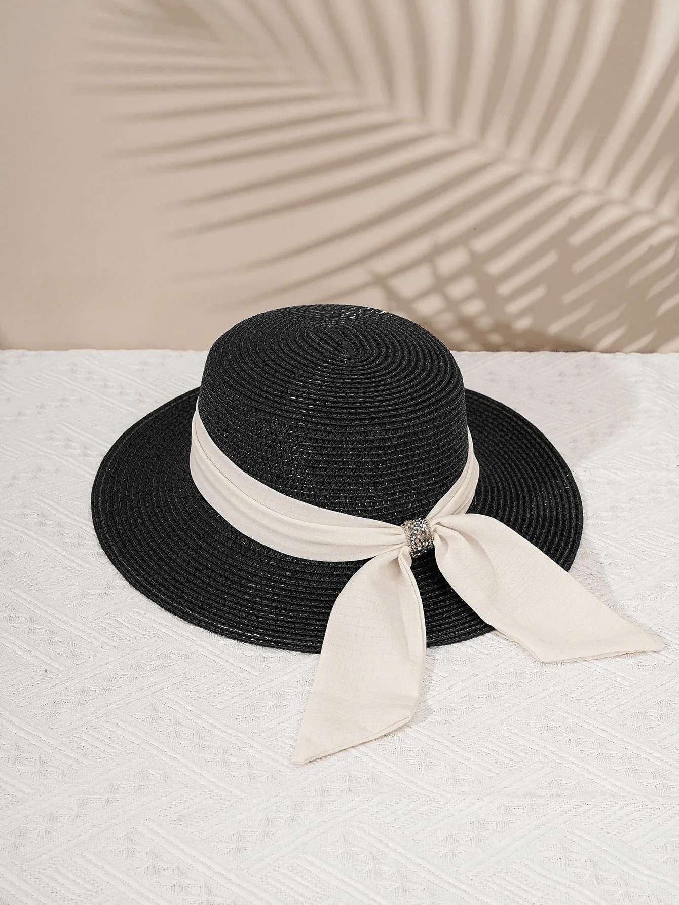 Boho 1pc Y2k Style Women's Diamond Buckle Straw Hat With Breathable Ribbon & Sun Protection Function, Suitable For Outdoor Beach Wear