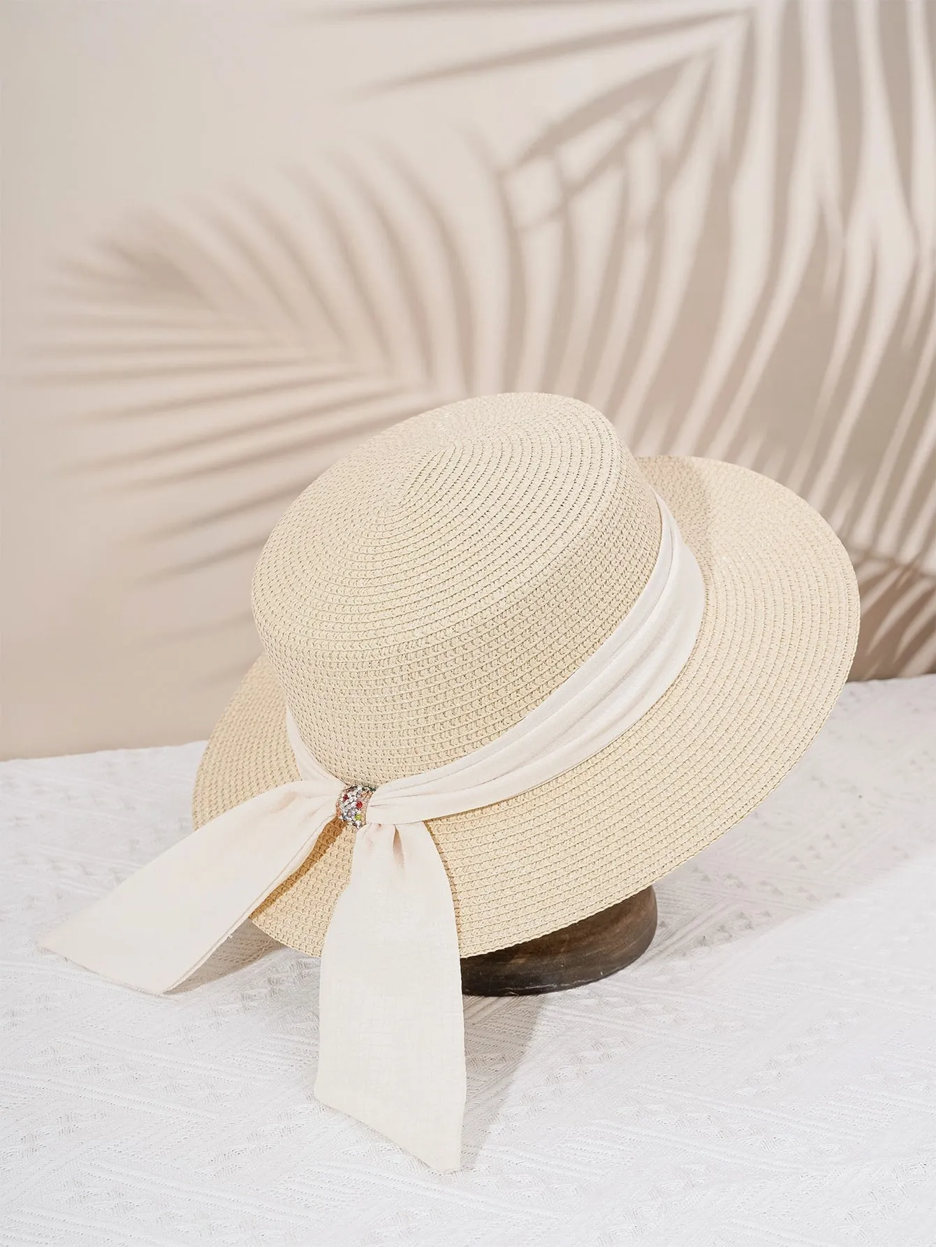 Boho 1pc Y2k Style Women's Diamond Buckle Straw Hat With Breathable Ribbon & Sun Protection Function, Suitable For Outdoor Beach Wear