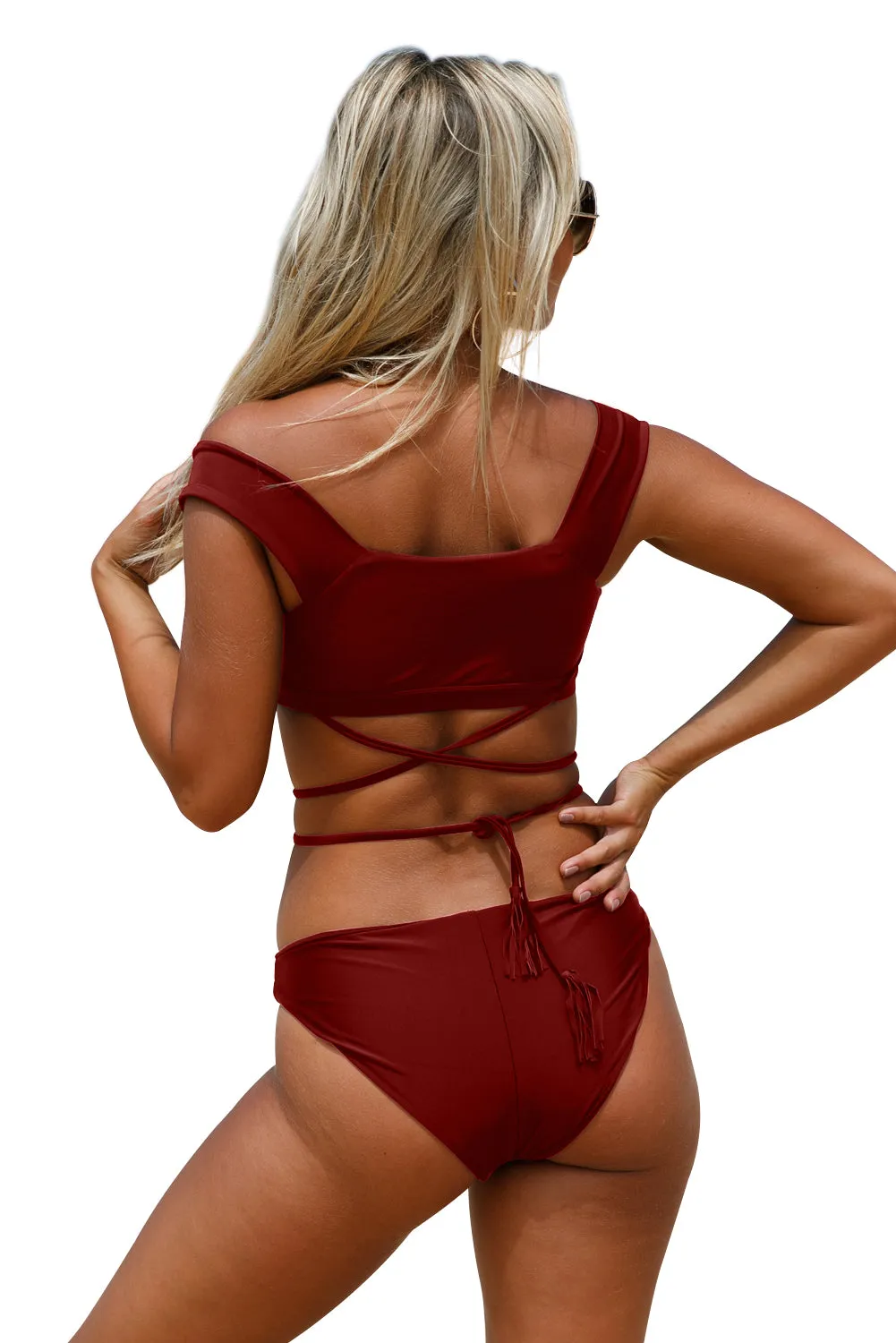 Burgundy Strappy Crisscross 2pcs Tankini Swimsuit