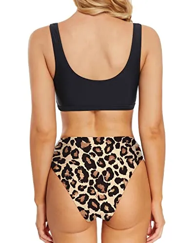 Cheeky Two Piece Bikini Set For Women Underboob Swimsuit-Black And Leopard