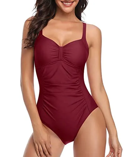 Chic Vintage Inspired Long Torso Slimming One Piece Swimsuits-Maroon