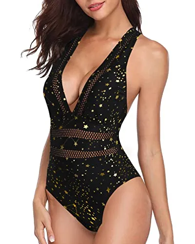 Criss-Cross Back Hollow Out One Piece Swimsuits Bathing Suit-Gold Stars