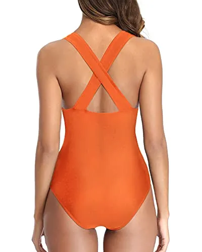 Criss-Cross Back Long Torso V Neck One Piece Swimsuits-Orange
