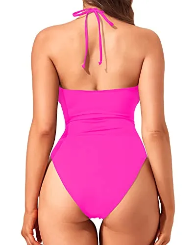 Criss Cross Monokini Halter Swimsuit Sexy Cut Out Bathing Suits For Women-Neon Pink