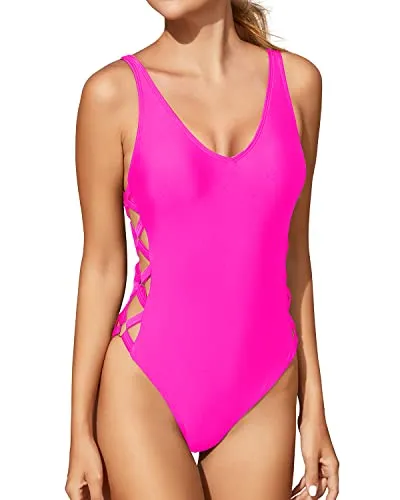 Criss Cross One-Piece Swimsuit Sexy Criss Cross Bathing Suit-Neon Pink