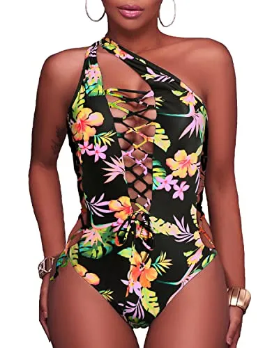 Criss Cross Strappy Cutout Thong One Piece Swimsuits-Black Yellow Flower