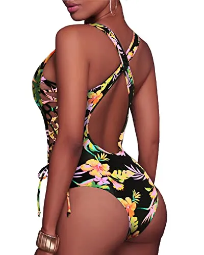 Criss Cross Strappy Cutout Thong One Piece Swimsuits-Black Yellow Flower