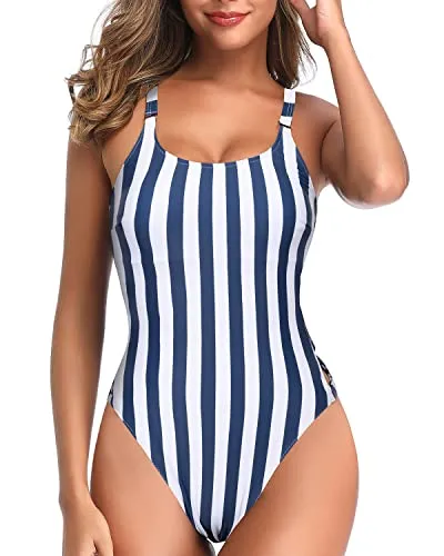 Crisscross Lace Up Sexy Tall One Piece Swimsuits For Women-Blue White Stripes