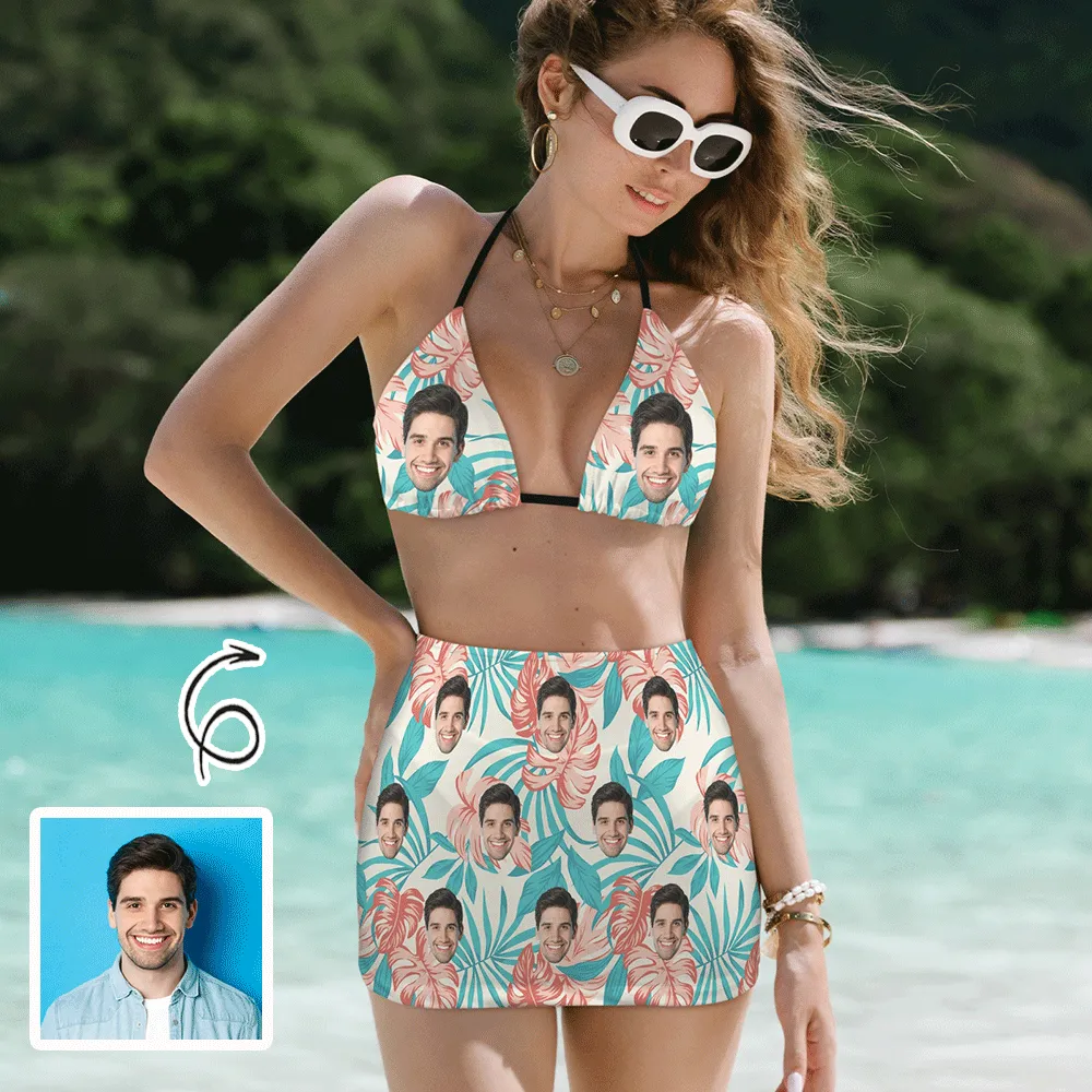 Custom Face Palm Leaves Bikini Set Personalized Halterneck String Three-Pieces Bikini Skirts Set