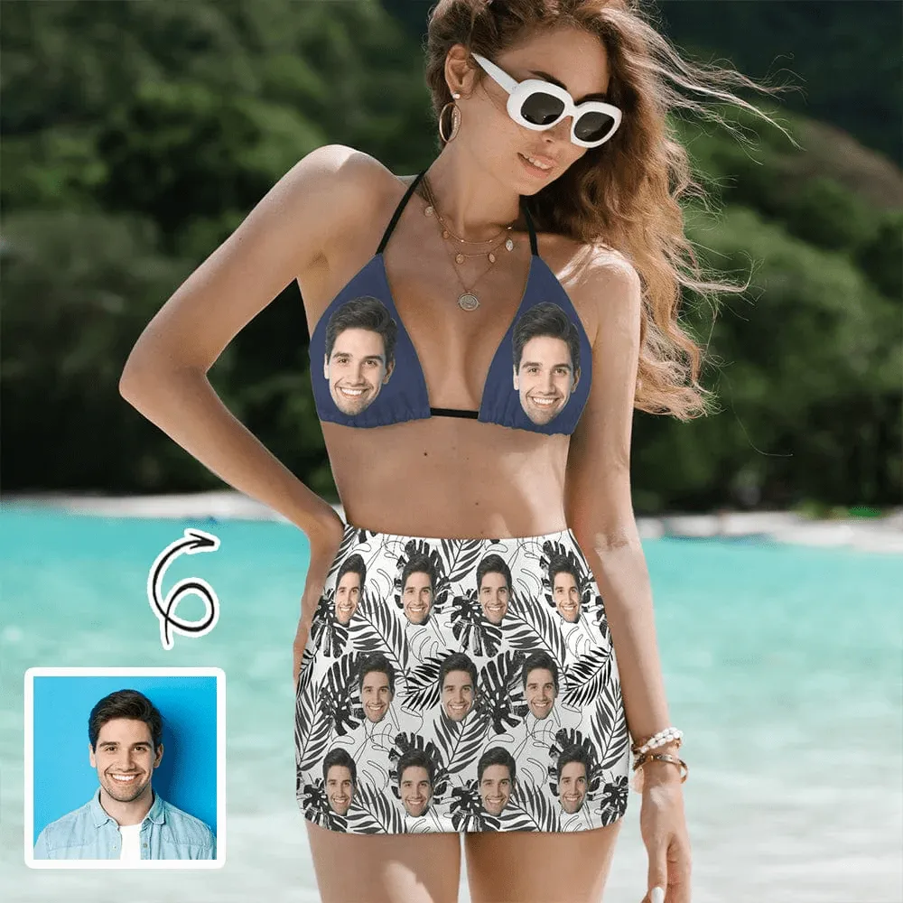 Custom Face Palm Leaves Bikini Set Personalized Halterneck String Three-Pieces Bikini Skirts Set