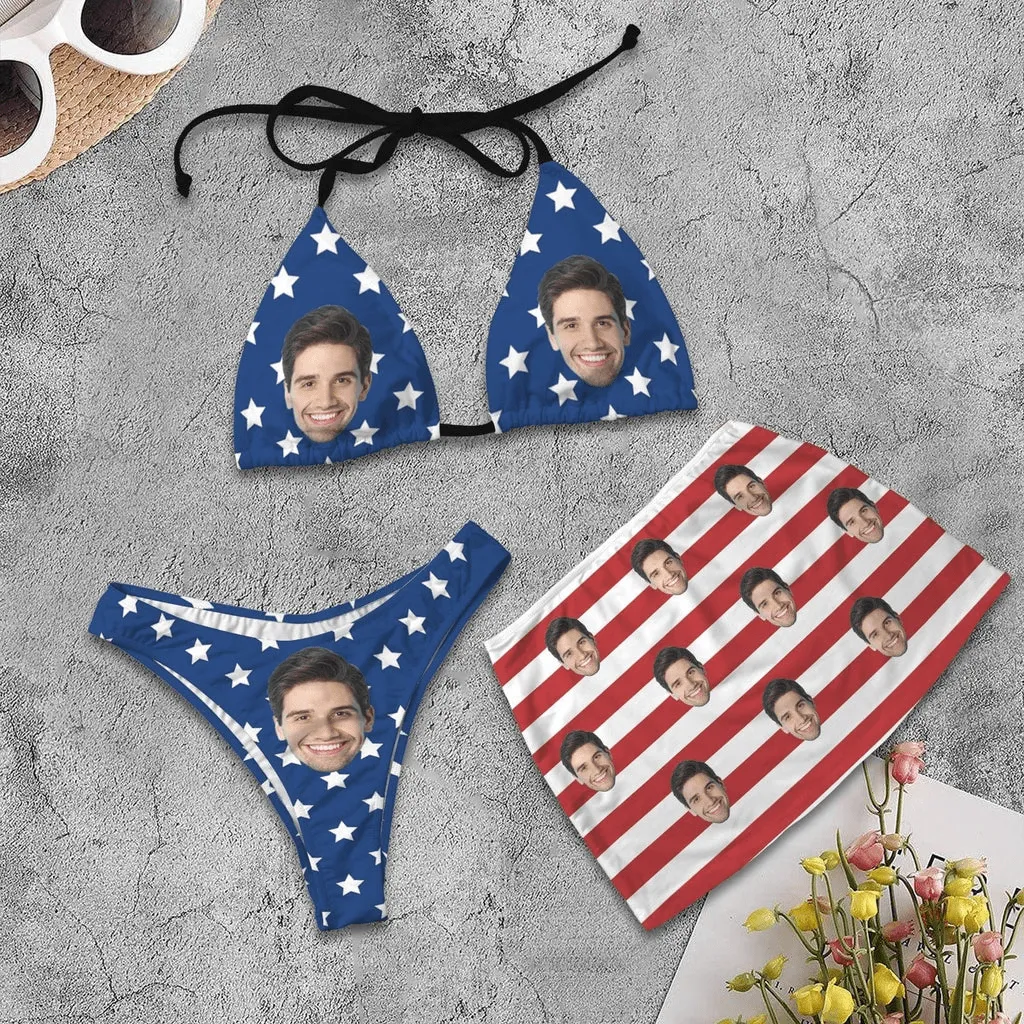 Custom Face Palm Leaves Bikini Set Personalized Halterneck String Three-Pieces Bikini Skirts Set