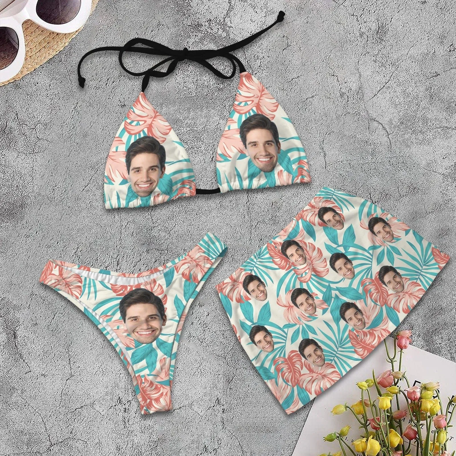 Custom Face Palm Leaves Bikini Set Personalized Halterneck String Three-Pieces Bikini Skirts Set