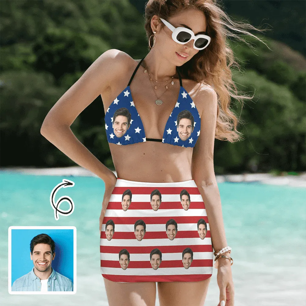 Custom Face Palm Leaves Bikini Set Personalized Halterneck String Three-Pieces Bikini Skirts Set