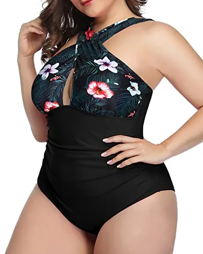 Fashionable Front Cross Tummy Control Swimwear-Black Floral