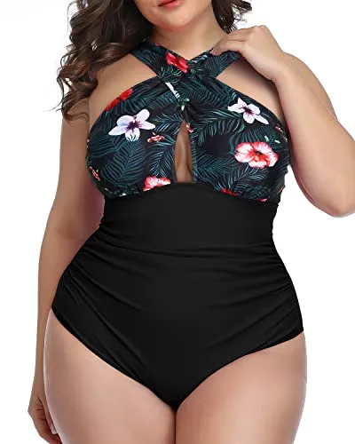 Fashionable Front Cross Tummy Control Swimwear-Black Floral