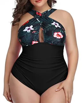 Fashionable Front Cross Tummy Control Swimwear-Black Floral
