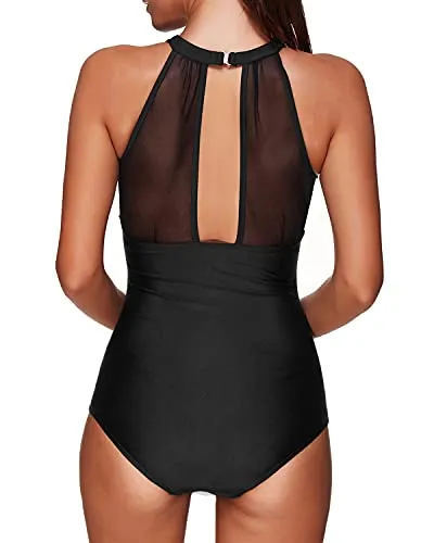 Fashionable High Neck Mesh Plunge One Piece Swimsuit For Women-Black Sun And Moon