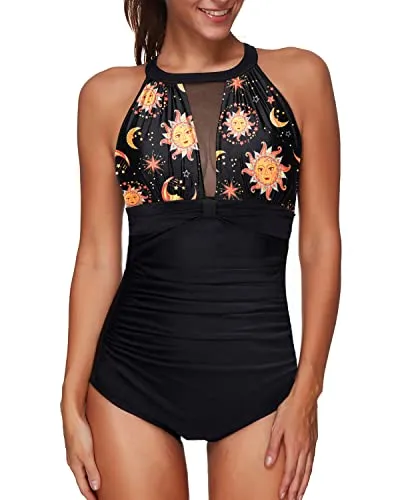 Fashionable High Neck Mesh Plunge One Piece Swimsuit For Women-Black Sun And Moon