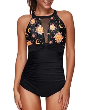 Fashionable High Neck Mesh Plunge One Piece Swimsuit For Women-Black Sun And Moon