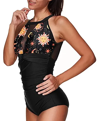 Fashionable High Neck Mesh Plunge One Piece Swimsuit For Women-Black Sun And Moon