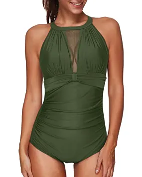 Halter Neck Mesh One Piece Bathing Suit With Tummy Control-Army Green