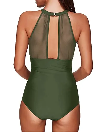 Halter Neck Mesh One Piece Bathing Suit With Tummy Control-Army Green