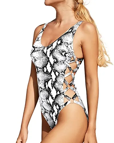 High Cut Women's Slimming One Piece Swimsuit Strappy Criss Cross Monokini-Black And White Snake Print