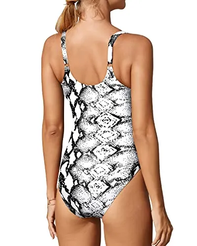 High Cut Women's Slimming One Piece Swimsuit Strappy Criss Cross Monokini-Black And White Snake Print