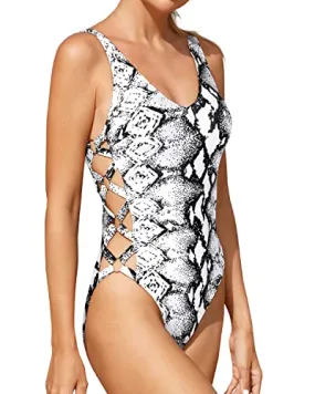 High Cut Women's Slimming One Piece Swimsuit Strappy Criss Cross Monokini-Black And White Snake Print