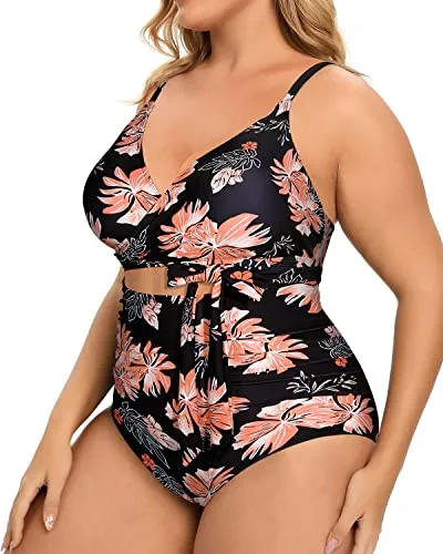 High Waisted Tummy Control Cutout Open Back Plus Size One Piece Swimsuits-Black Orange Floral