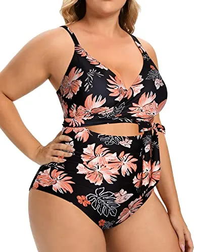 High Waisted Tummy Control Cutout Open Back Plus Size One Piece Swimsuits-Black Orange Floral