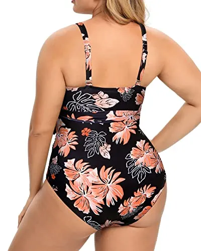 High Waisted Tummy Control Cutout Open Back Plus Size One Piece Swimsuits-Black Orange Floral