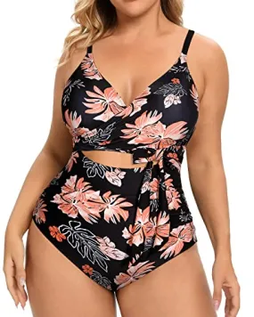 High Waisted Tummy Control Cutout Open Back Plus Size One Piece Swimsuits-Black Orange Floral