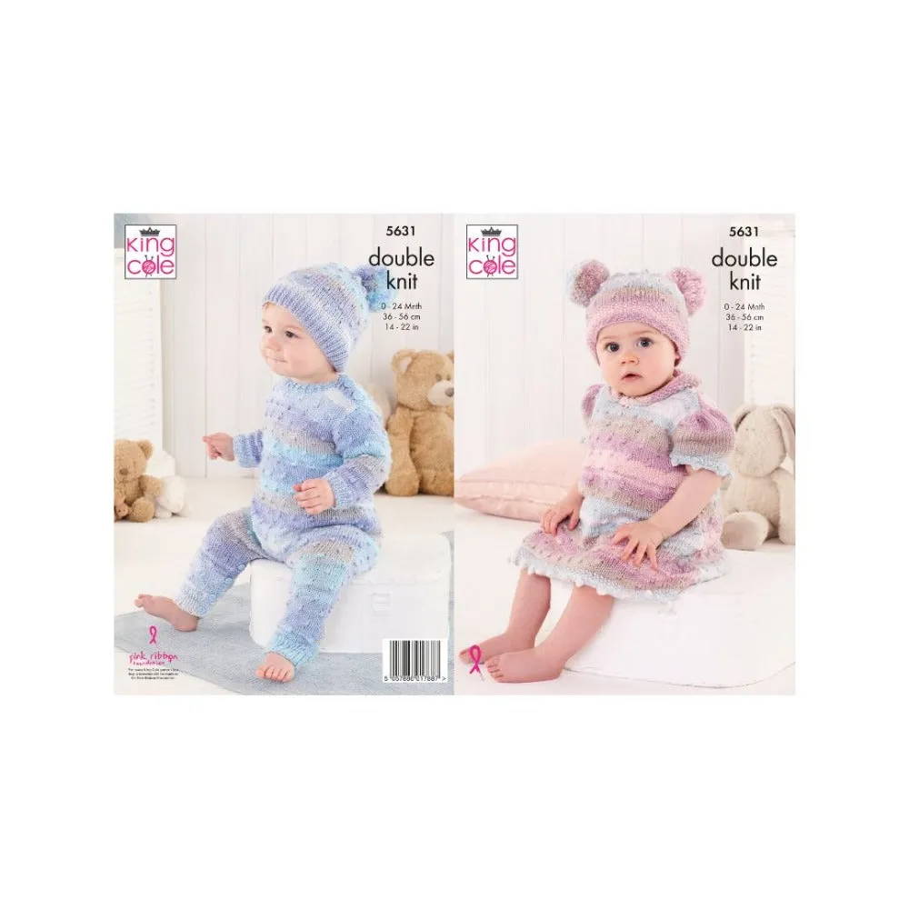 King Cole Baby Onesie, Dress and Hats DK Knitting Pattern 5631