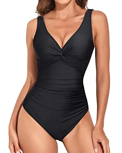 Long Torso Women One Piece Swimsuit Vintage V Neck Twist Bathing Suit-Black
