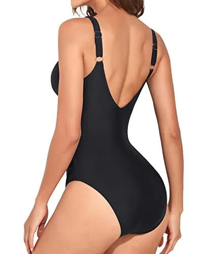 Long Torso Women One Piece Swimsuit Vintage V Neck Twist Bathing Suit-Black