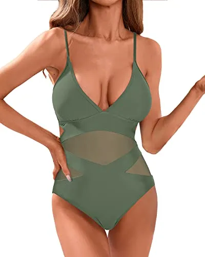 Mesh High Waisted One Piece Swimsuit Sexy Plunge V Neck Monokini-Olive Green