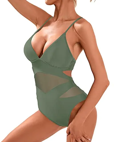 Mesh High Waisted One Piece Swimsuit Sexy Plunge V Neck Monokini-Olive Green