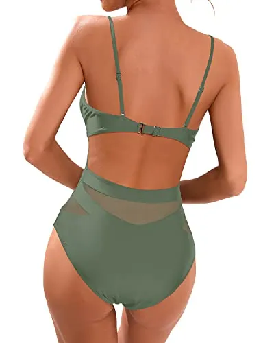 Mesh High Waisted One Piece Swimsuit Sexy Plunge V Neck Monokini-Olive Green