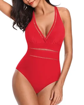 Mesh Hollow Out Backless Plunge Halter One Piece Swimsuit-Red
