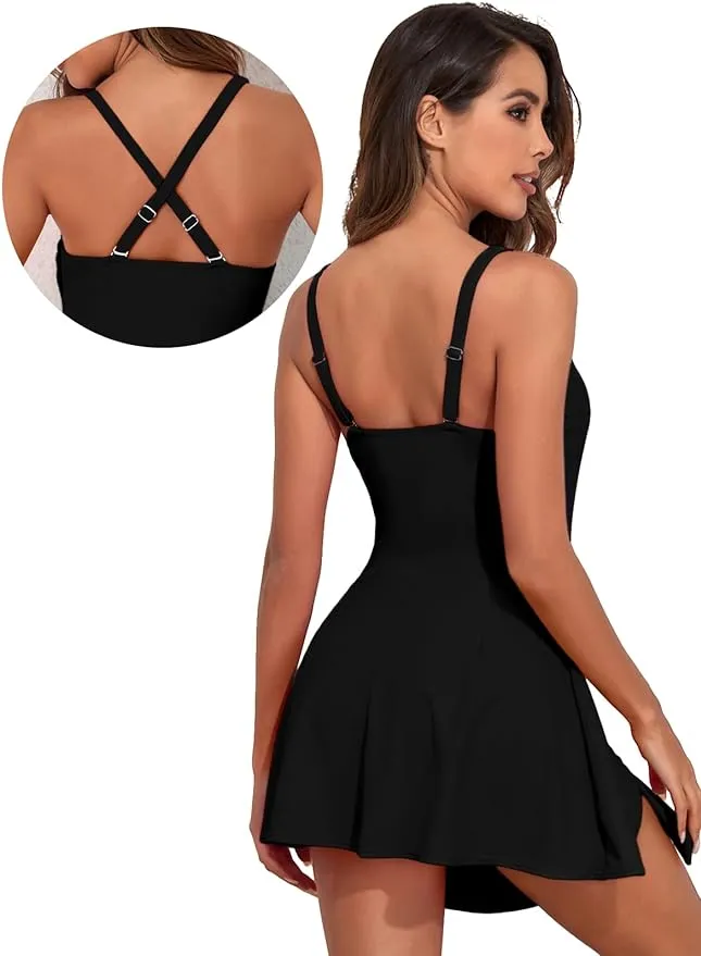 New Aleumdr One Piece Swimdress Swimsuits for Women Tummy Control Tie Knot Swim Dresses Skirt Bathing Suit Black Sz XL